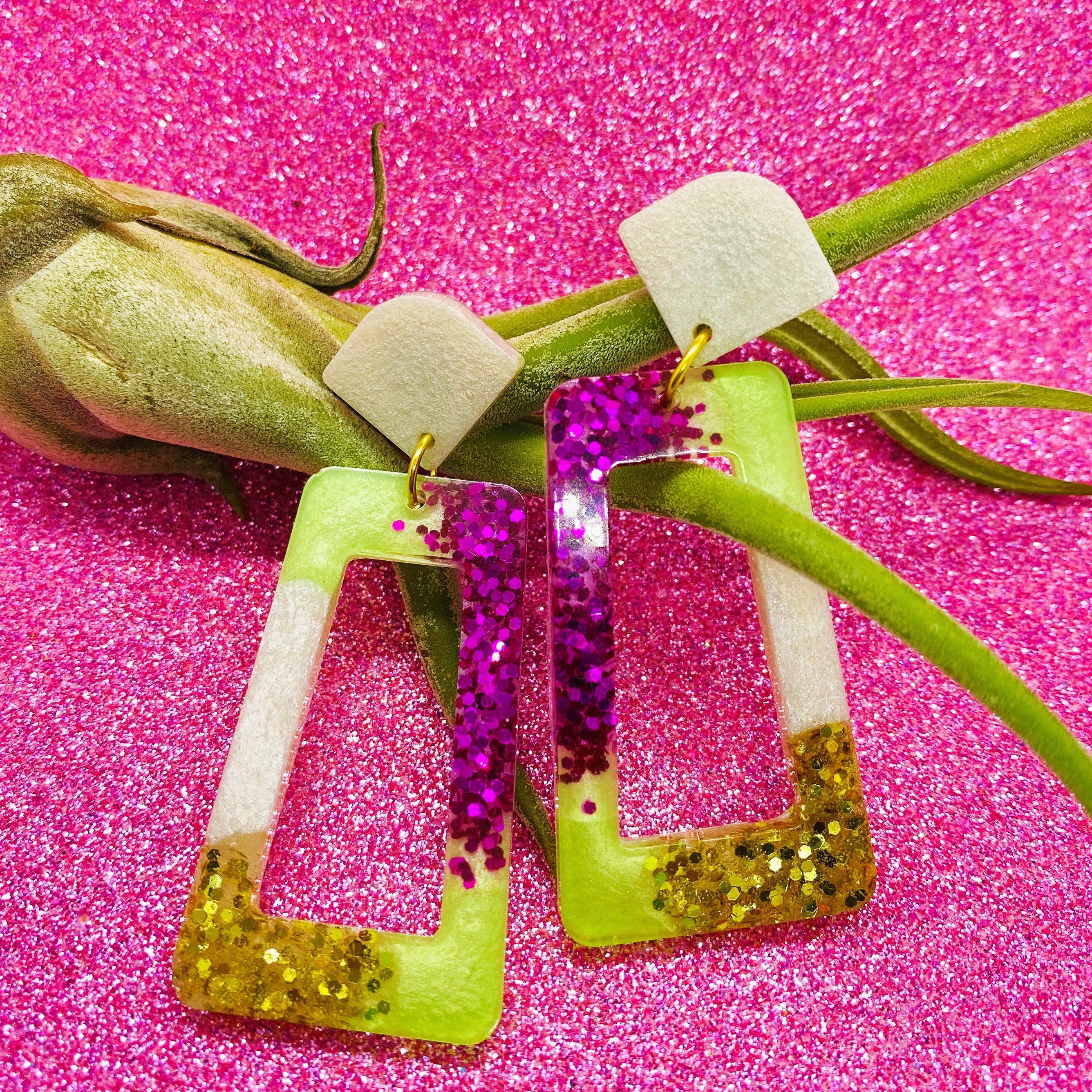 White Green Pink Gold Glitter Earrings