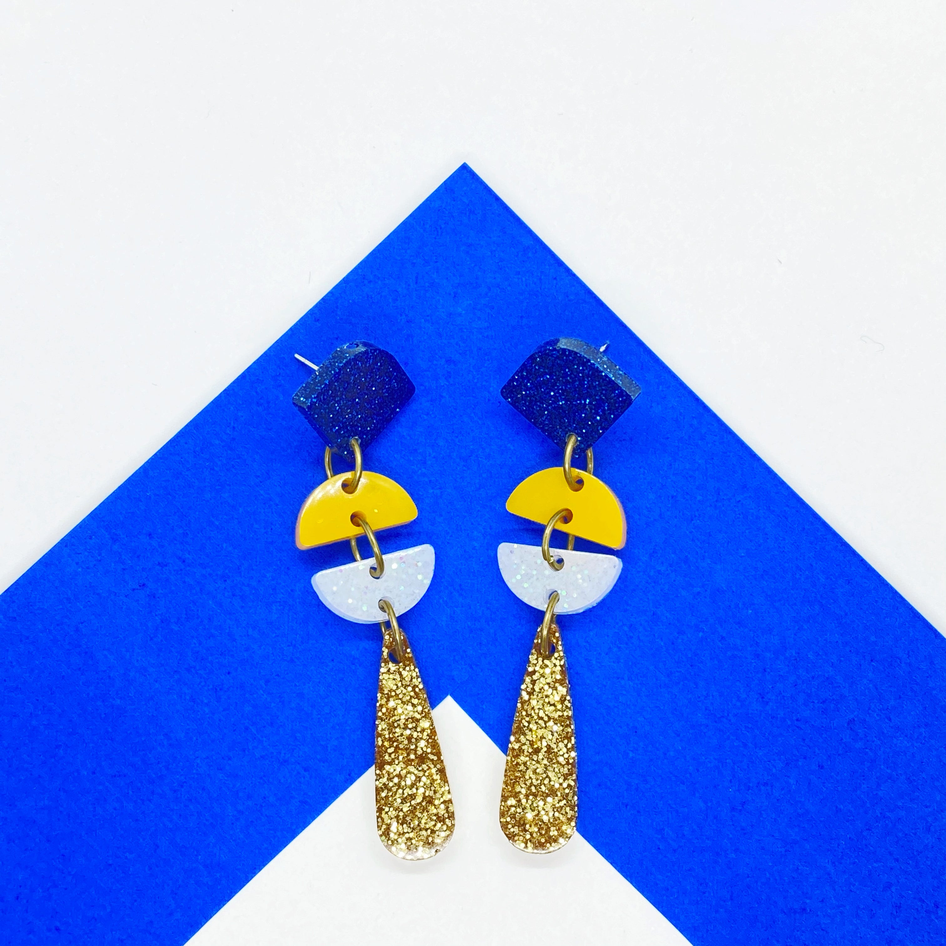 gold blue yellow white glitter dangle earrings