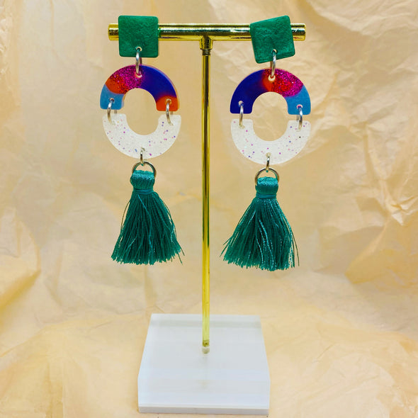 green tassel earrings