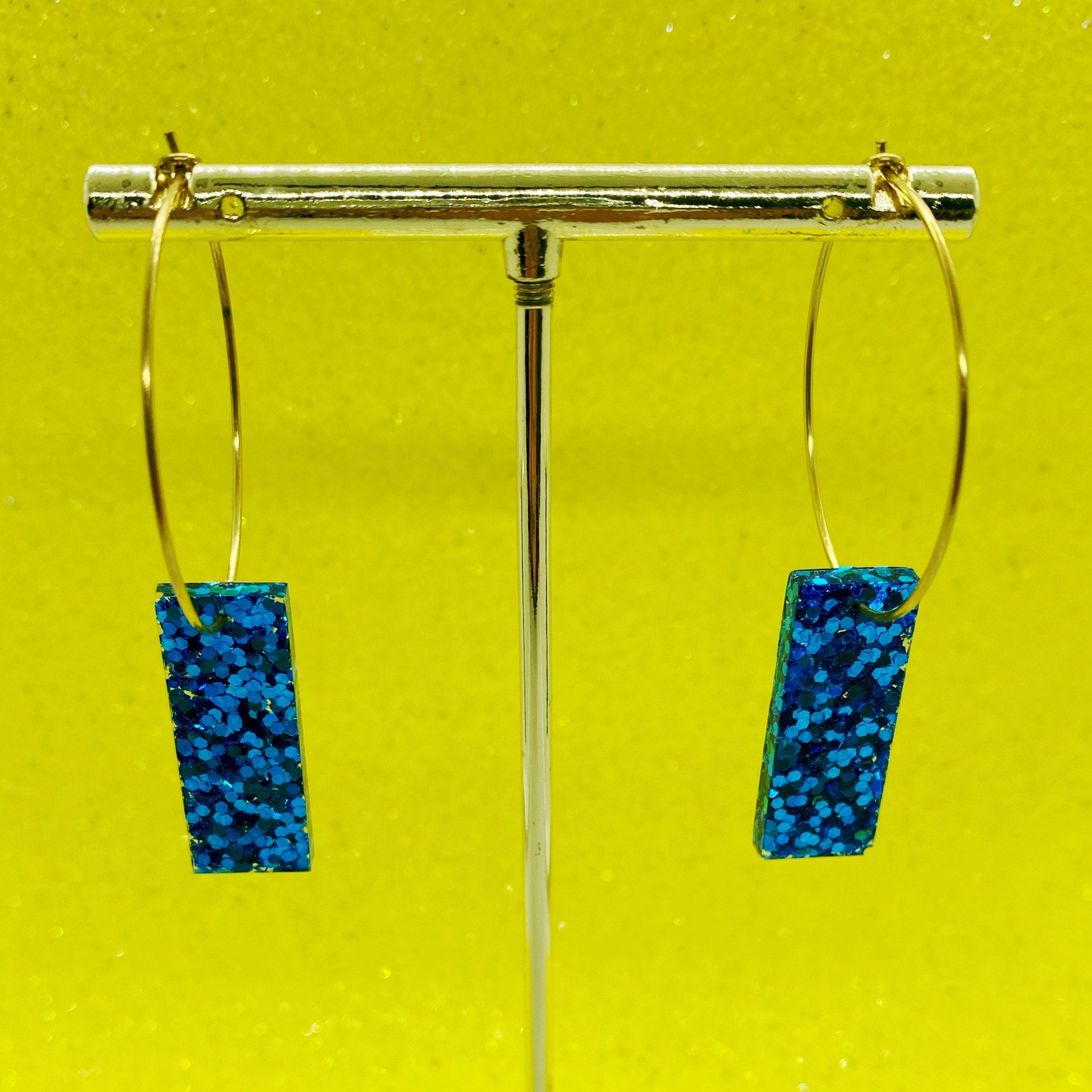 blue glitter rectangles gold hoops