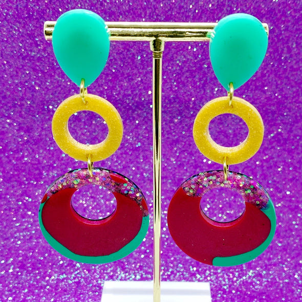 teal gold red pink glitter circle earrings