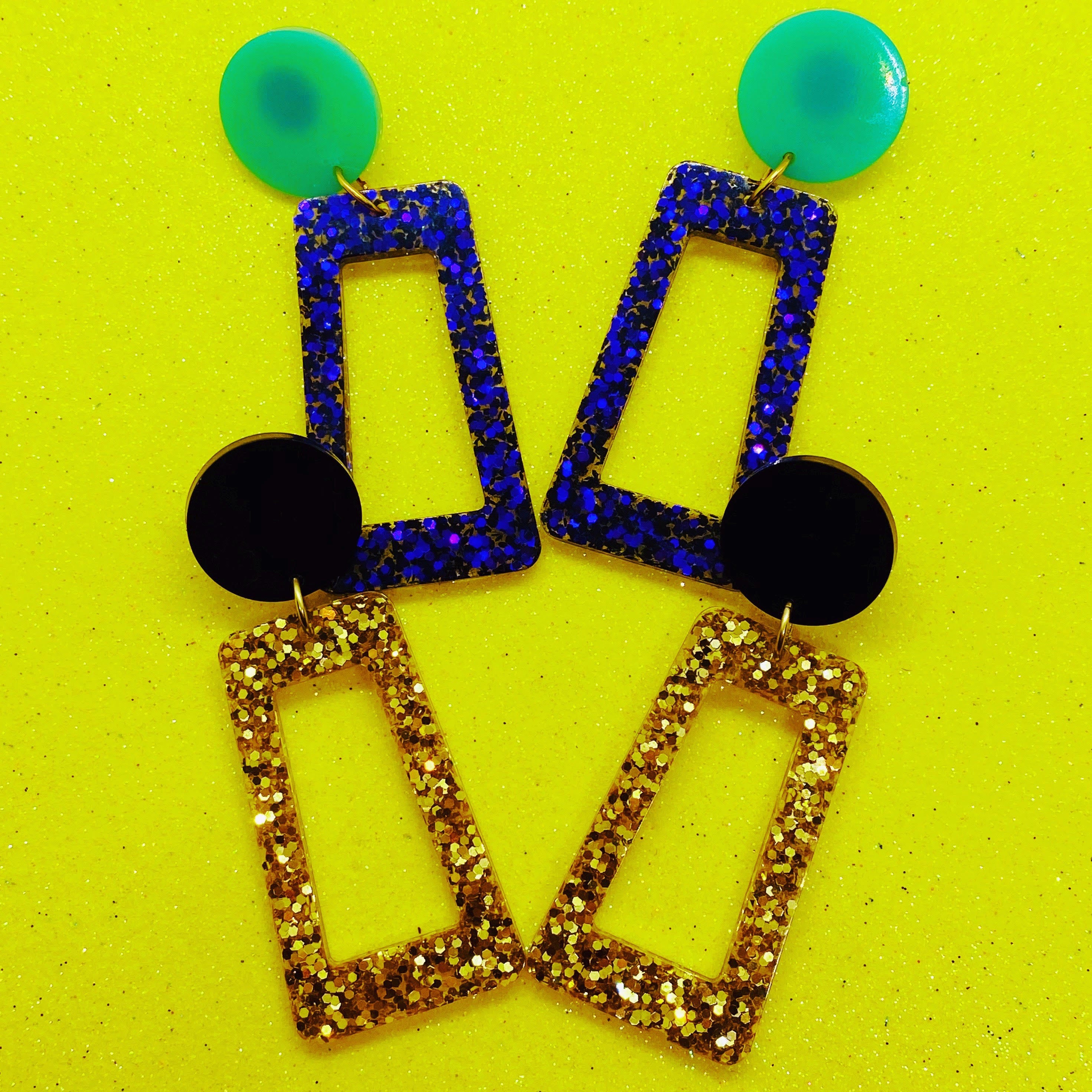 Gold Purple Teal Black Glitter Earrings