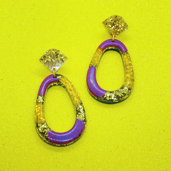 Gold Glitter Fuchsia Yellow Oval Earrings