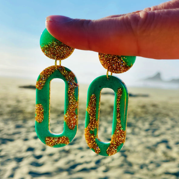 Green Gold Glitter Earrings