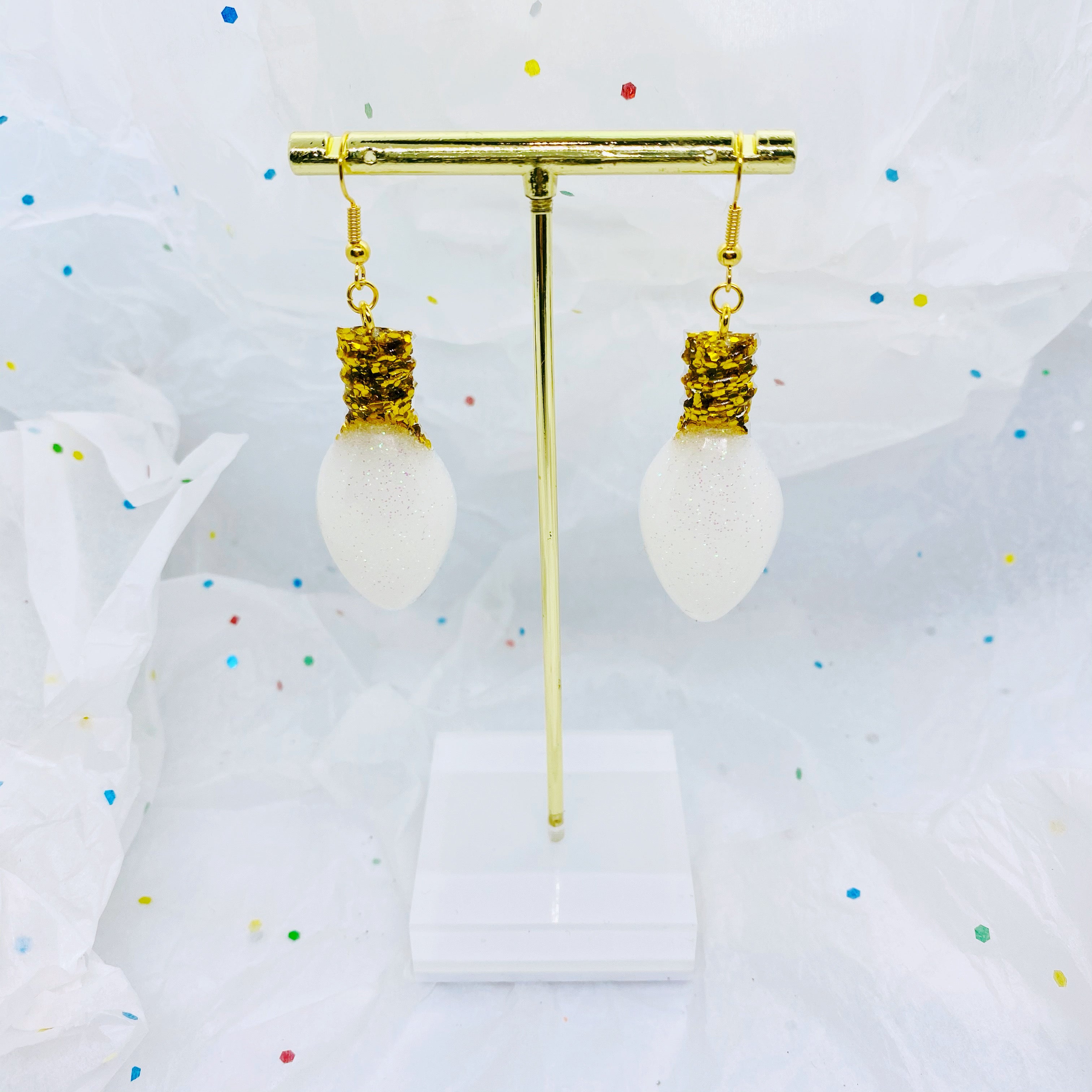 White Glitter Christmas Light Earrings