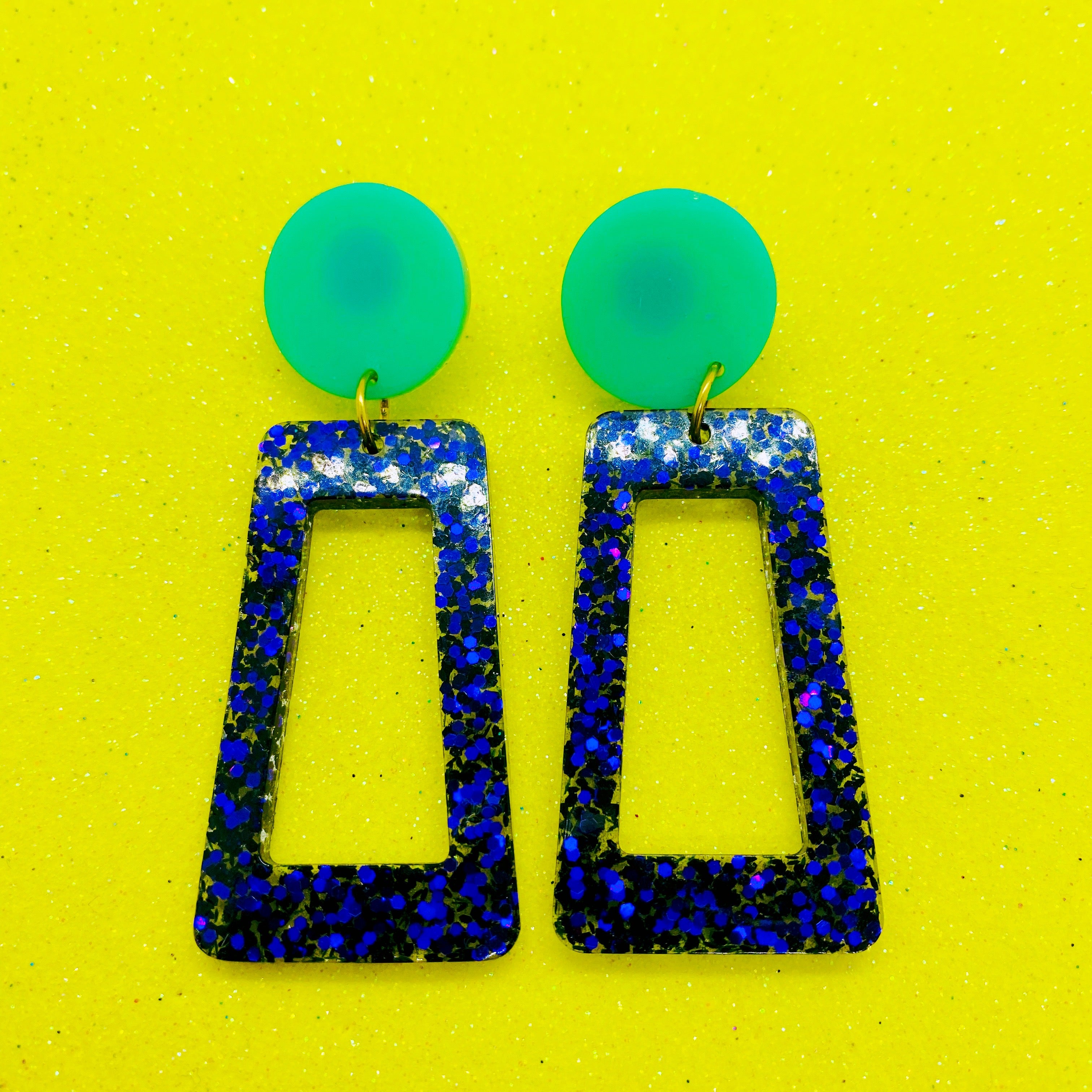 Teal Purple Geometric Glitter Earrings
