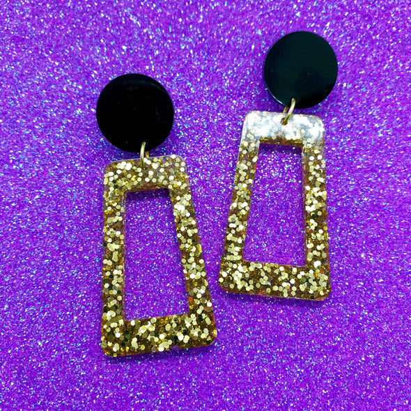 Gold Black Geometric Glitter Earrings