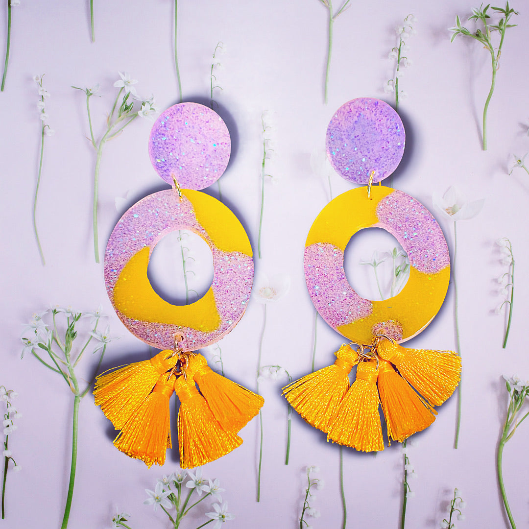 yellow purple tassle big earrings