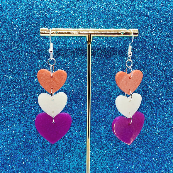 orange white purple heart statement earrings